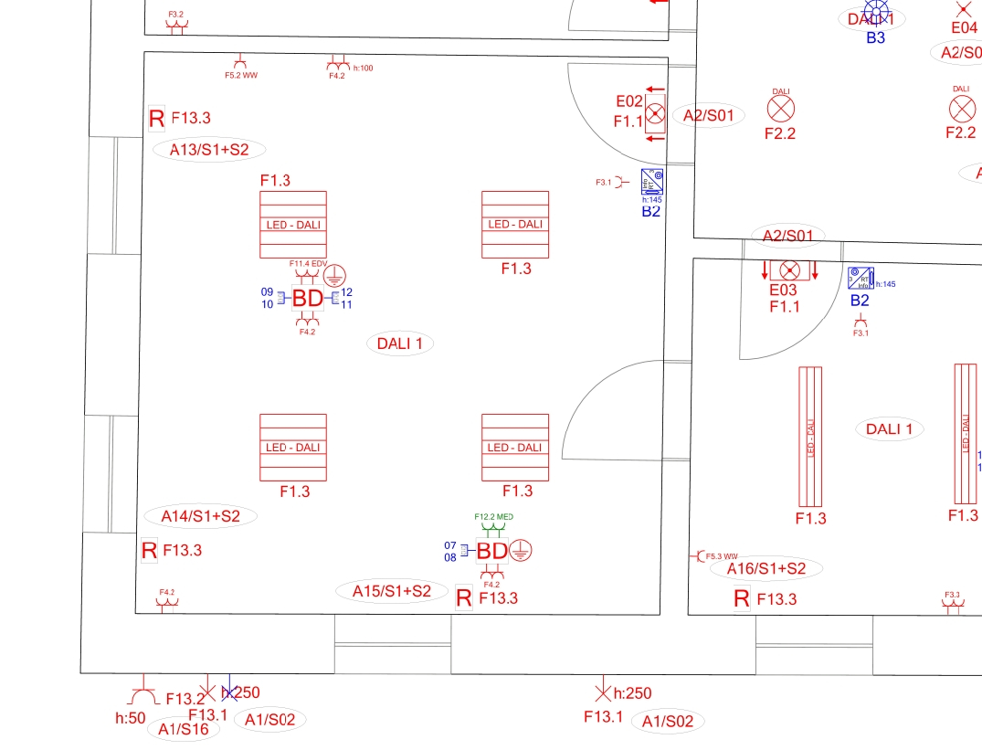 Elektroplan mit DALI-Lichtsteuerung, Schaltkreisen und Symbolik – Beispiel für professionelle Planungsarbeit von Elektrotechnik Martin Nill in Wien